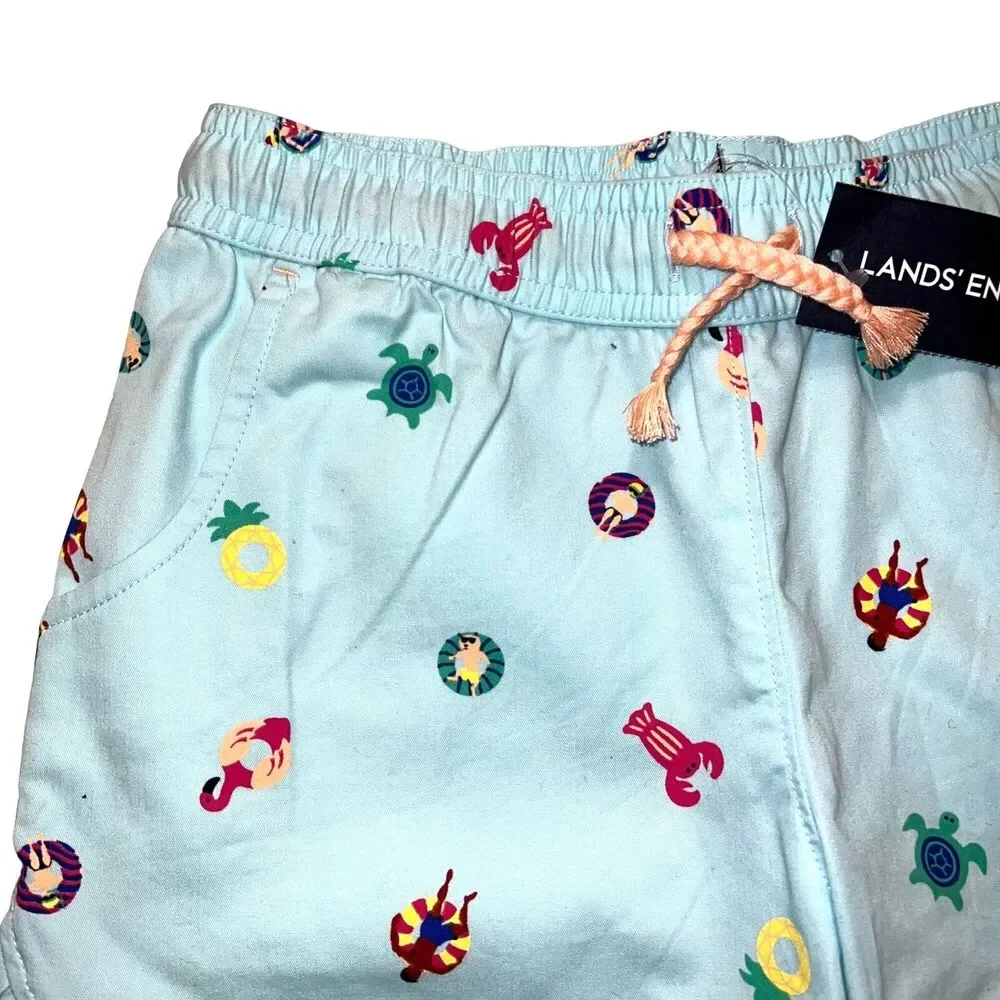 Lands End Girls Swim Shorts Beach Print Cotton Summer Light Blue Medium